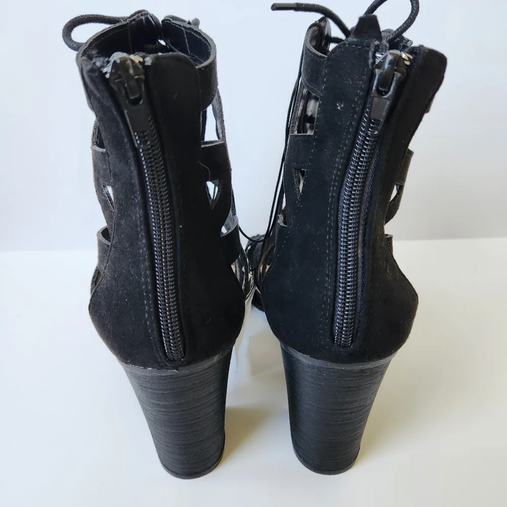 Rue 21 Peep Toe Lace Up Booties Black Back Zipper Block Heel Sexy Cute Size 9